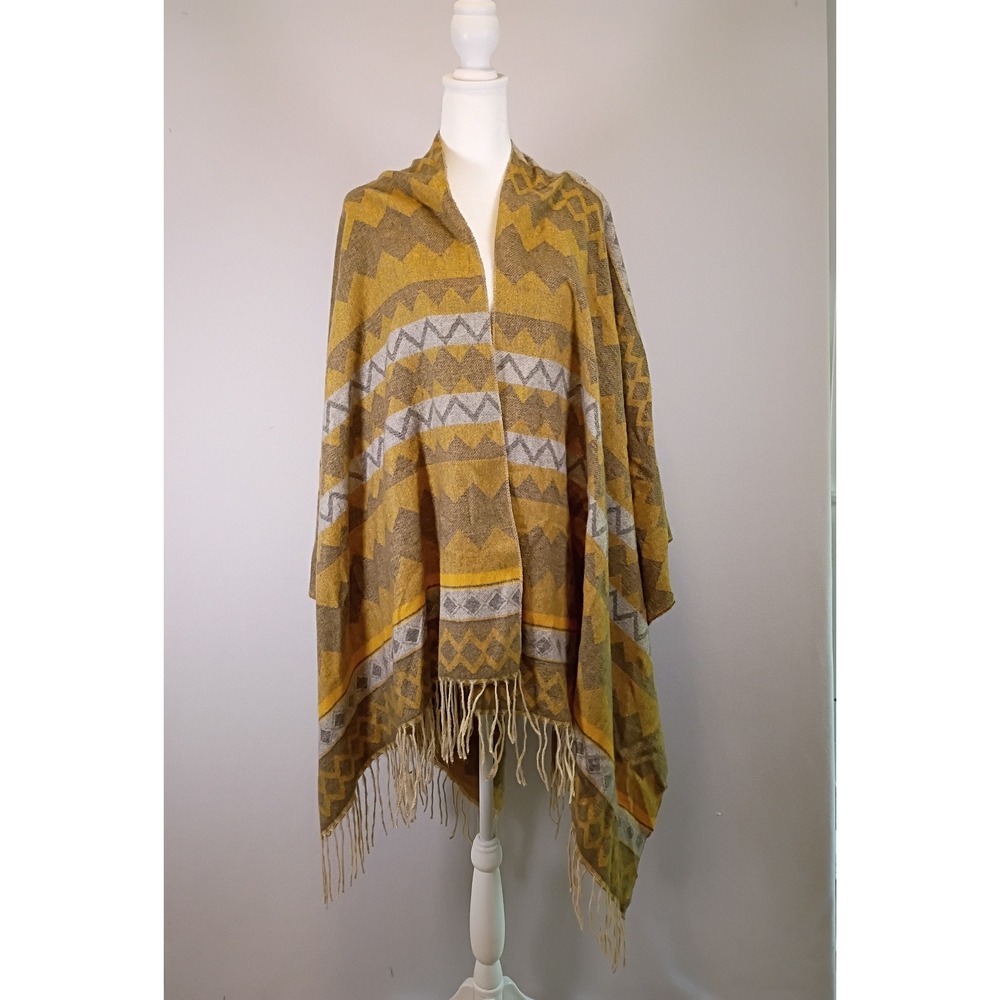 Boho Southwestern Unbranded Womens OS Mustard Yellow Geometric Fringe Poncho